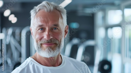 Smiling senior man in gym. Portrait with gym equipment background. Active aging and fitness concept