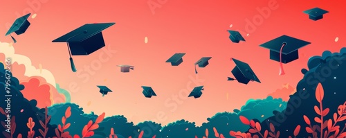 Graduation caps flying in the sky at sunset. Educational achievement and graduation concept.