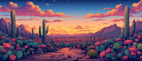A desert landscape dotted with flowering cacti under a festive Cinco de Mayo sky, banner wallpaper