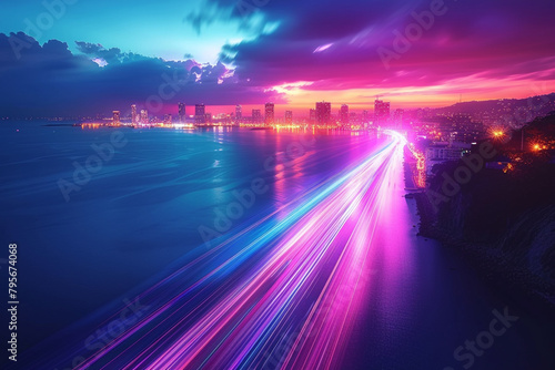 Dynamic streaks of light streaking across a virtual skyline, painting the horizon with vibrant hues of neon and pastel.