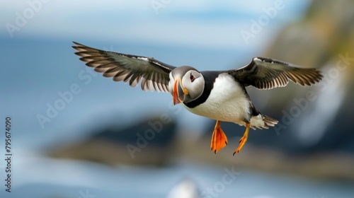 Close-up of Atlantic puffin in flight, (Fratercula arctica) cliff top Hebidish Coas, Photo of a Puffin bird in Iceland, during the summer, beautiful a blue sky. © inthasone