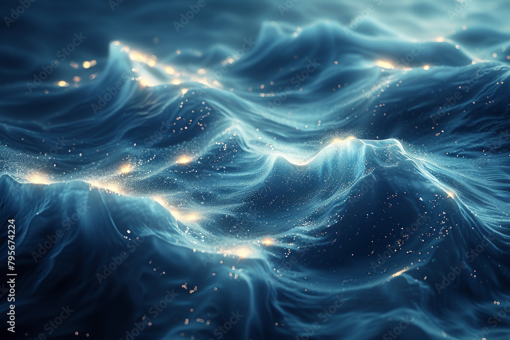 Dynamic waves of energy rippling through a digital ocean, creating mesmerizing patterns of light and shadow on the surface.