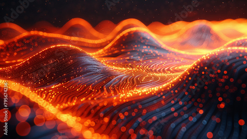 Dynamic waves of energy rippling through a digital field, their undulating forms resembling a digital heartbeat.