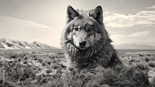 Capture the essence of resilience in a long shot portrait of a lone wolf against a barren landscape  intertwining its biographical story with striking black and white contrasts and intricate details o