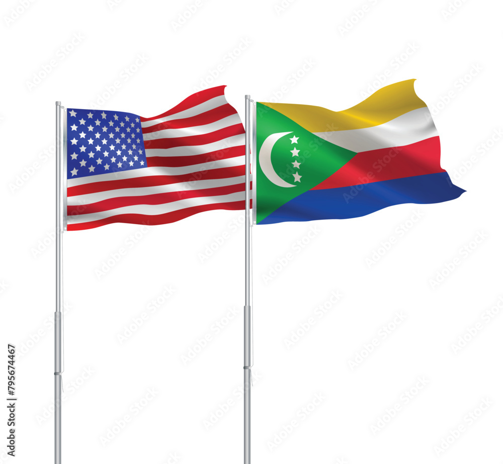 American and Comoran flags together.USA,Comoros flags on pole