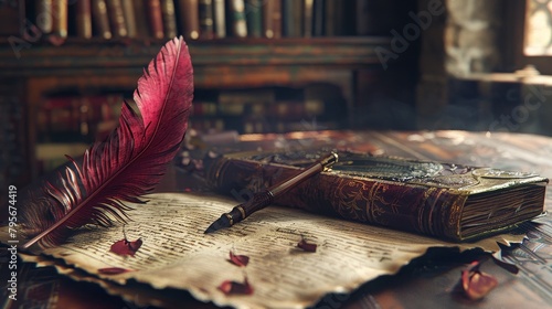 Craft a digital artwork of a well-worn quill pen resting on a tattered page from a classic novel Infuse the scene with rich, jewel-toned colors to symbolize creativity and passion Incorporate intricat