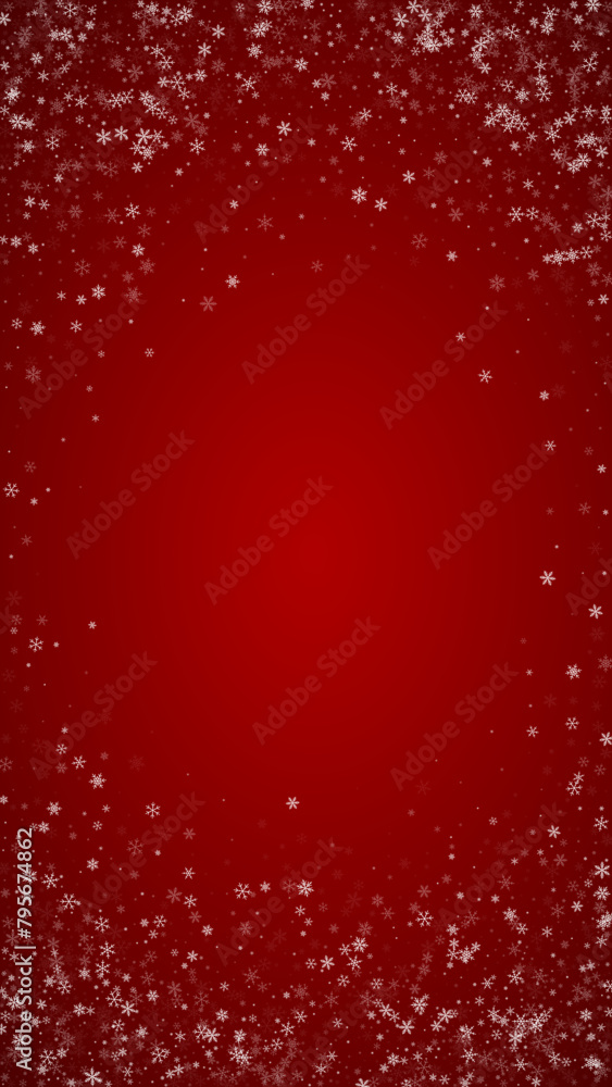 Snowfall overlay christmas background. Subtle flying snow flakes and stars on christmas red background. Festive snowfall overlay. Vertical vector illustration. Snowfall overlay christmas background. Subtle flying snow flakes and stars on christmas red background. Festive snowfall overlay. Vertical vector illustration.