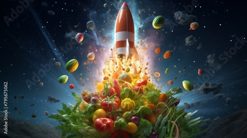 Illustrate a watercolor painting of a space rocket made entirely of fresh vegetables taking off into a starry night sky  bathed in a warm  inviting glow from below