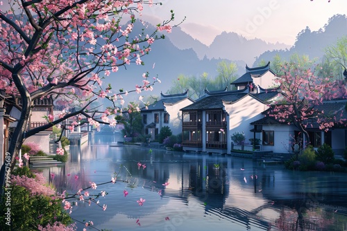 Chinese style garden landscape, peach blossom ancient architecture, beautiful wallpaper photo