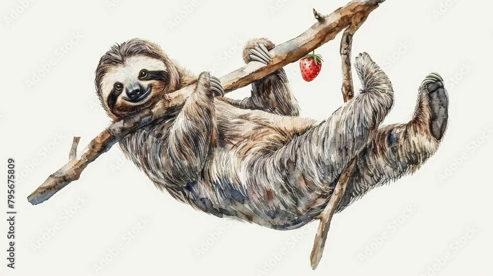 Naklejka premium A sloth on a tree branch, holding a strawberry in its mouth and a stick in its paws