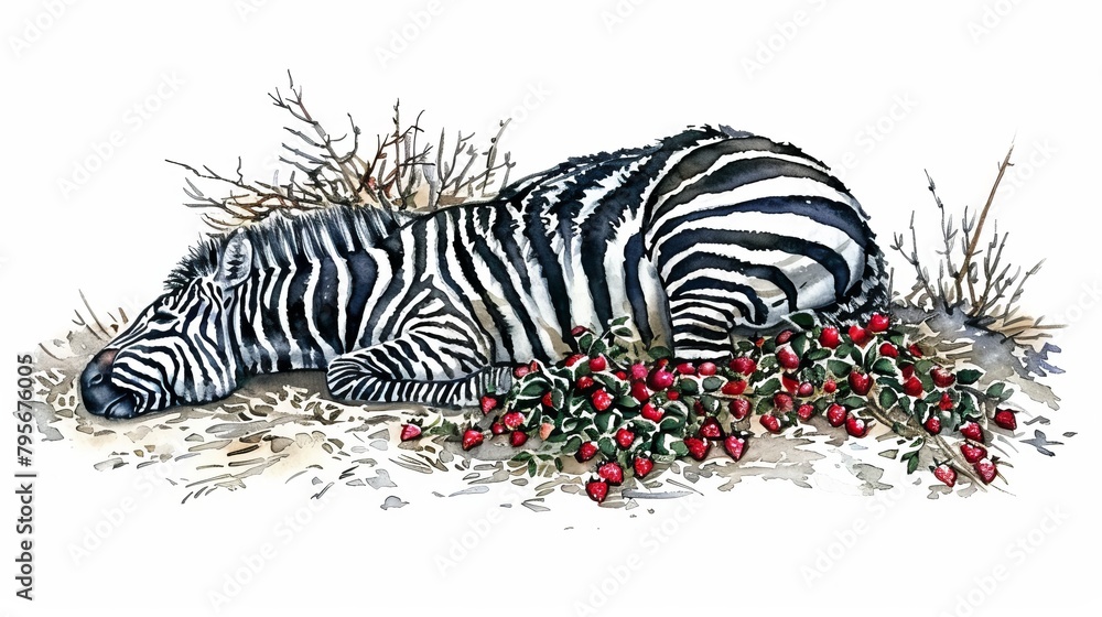 Naklejka premium Zebra reclines by bush laden with berries