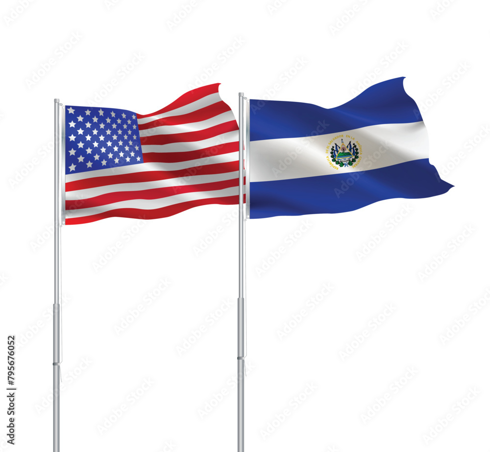 Obraz premium American and Salvadoran flags together.USA,El Salvador flags on pole