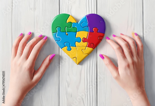 Autism. Making heart of color puzzle pieces.