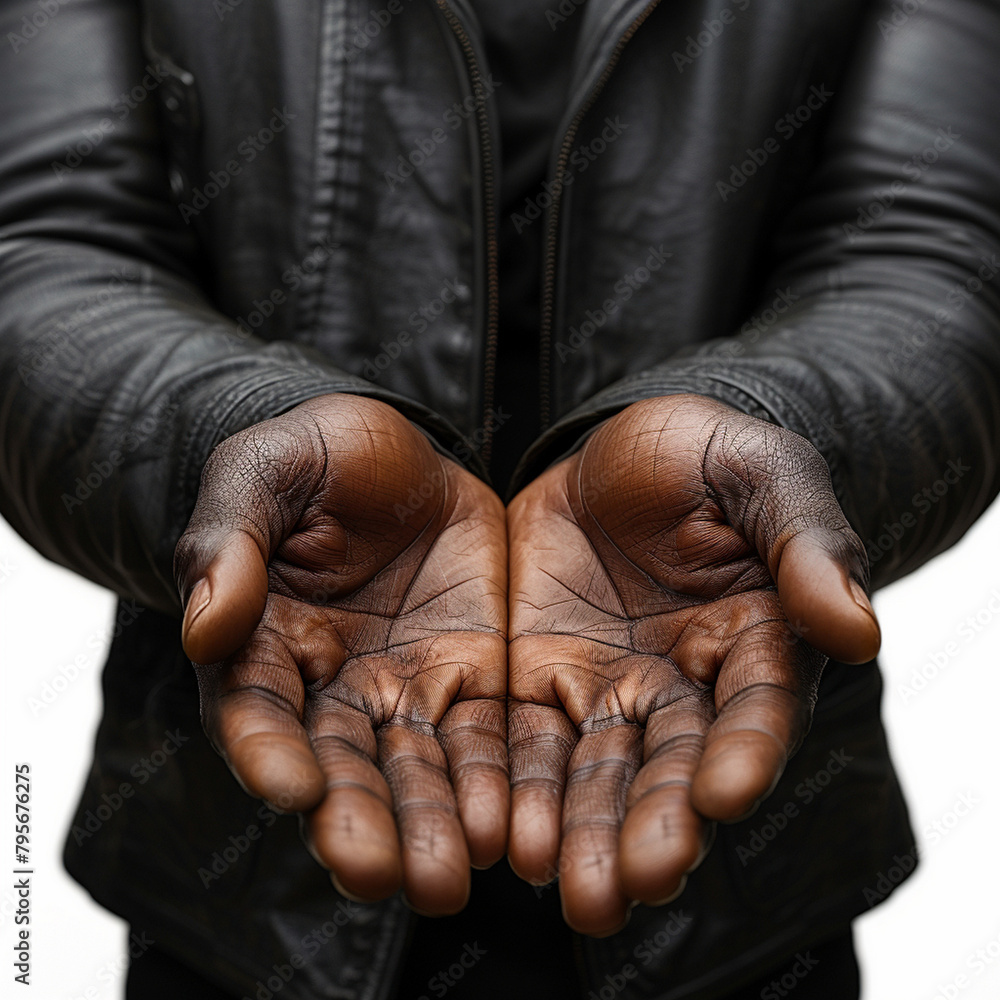 Fototapeta premium Cupped Hands Upturned, Black Hands, Pointing Forward, White Background