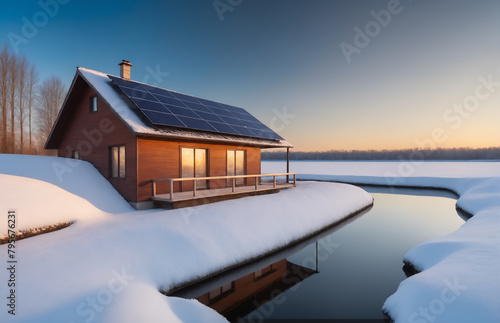 House with solar photovoltaic panels in winter landscape