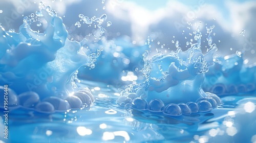   A collection of blue items buoyantly hovering above a water body, surrounded by rising bubbles photo