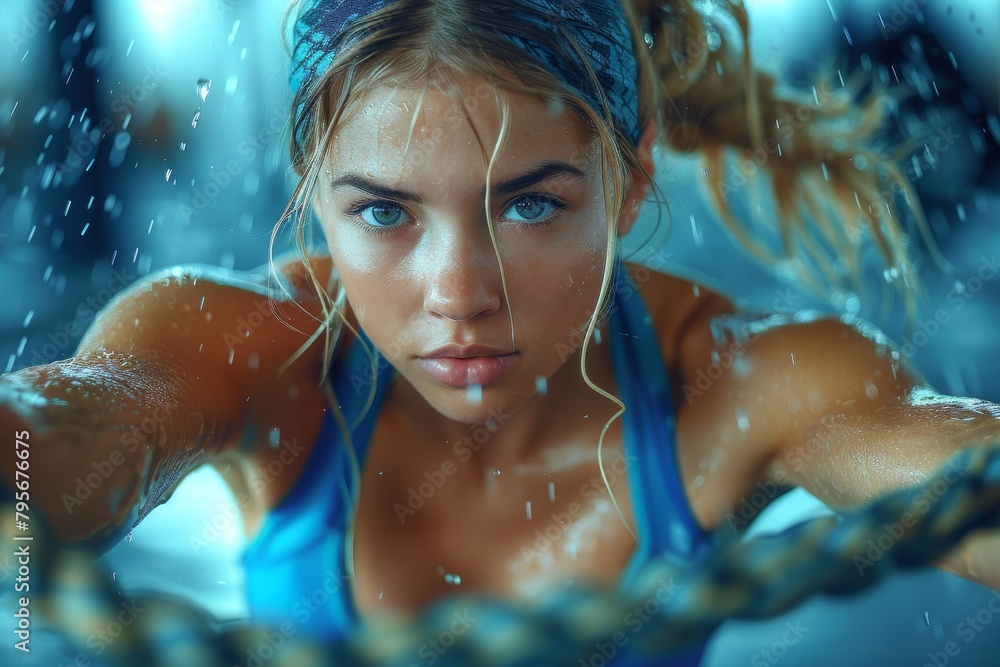 Serious female fitness enthusiast in a workout session, holding ropes in the gym Serious female fitness enthusiast in a workout session, holding ropes in the gym