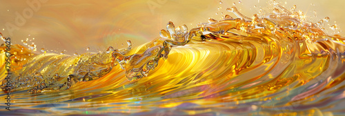 An iridescent wave of golden yellow paint rolls across the canvas
