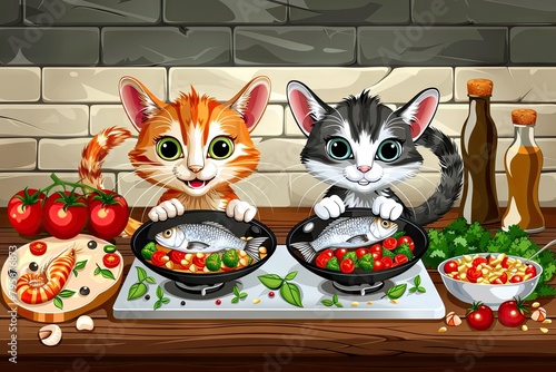 Two pretty cute cats has a dinner with fish at the kitchen table
