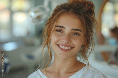A woman with bright, friendly smile and freckles, in a well-lit salon setting