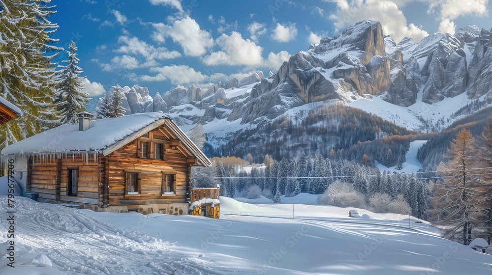 Naklejka premium Romantic Alpine Chalet with Wood Paneling, Snow-Covered Mountains in the Background, Winter Wonderland