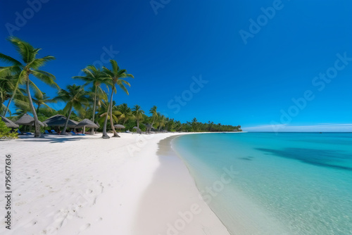 Tropical paradise beach with white sand and coco palms. Travel tourism wide panorama background concept © Canvas Alchemy