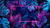 Vibrant neon blue and purple tropical leaves and plants, neon rectangular frame, abstract banner, background