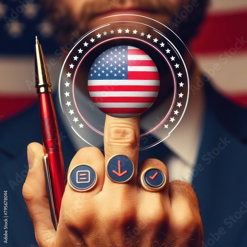 Comic illustration of a central fist with raised middle finger with a blurred voter and symbols of the Americas