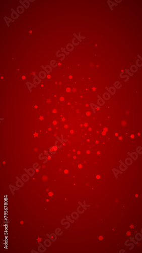 Snowy christmas background. Subtle flying snow flakes and stars on christmas red background. Delicate sweet snowy christmas. Vertical vector illustration.