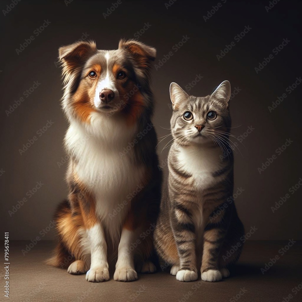  A ginger cat and a brown and white Australian Shepherd dog sit together on a dark background
