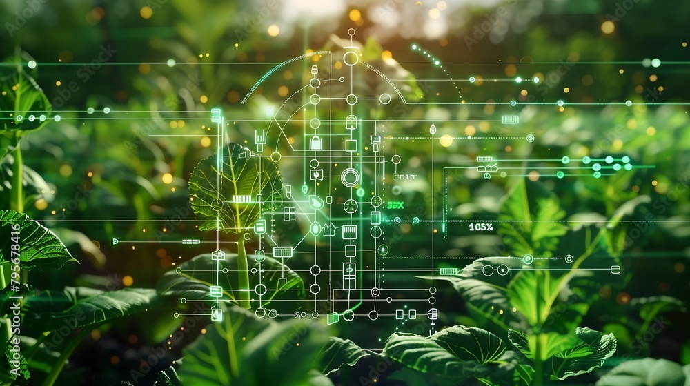 Agricultural Future: AI Data Analysis Icons for Eco-Friendly Harvesting. Remote Control Tractor Concept, Driverless Operation, Data Collection, Sustainable Farming, Futuristic Technology