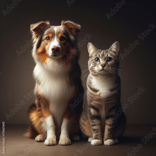  A ginger cat and a brown and white Australian Shepherd dog sit together on a dark background