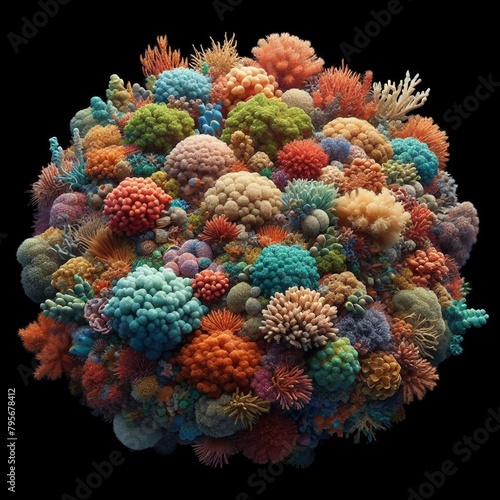  A 3D rendering of a coral reef. The reef is made up of many different types of coral  in various colors.