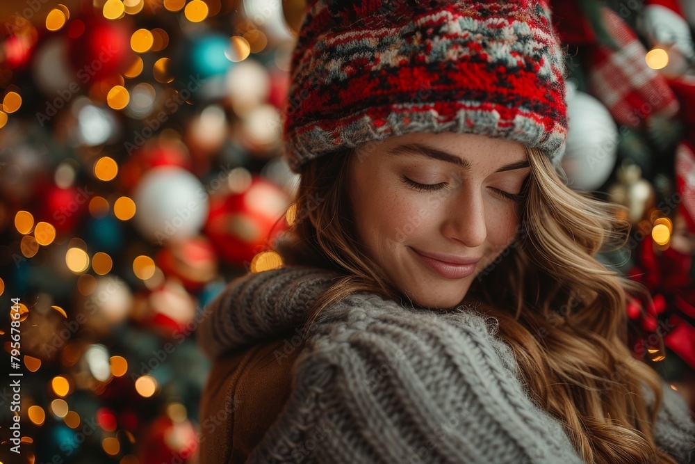 A woman in cozy winter clothes closes her eyes and smiles, surrounded by festive holiday lights A woman in cozy winter clothes closes her eyes and smiles, surrounded by festive holiday lights