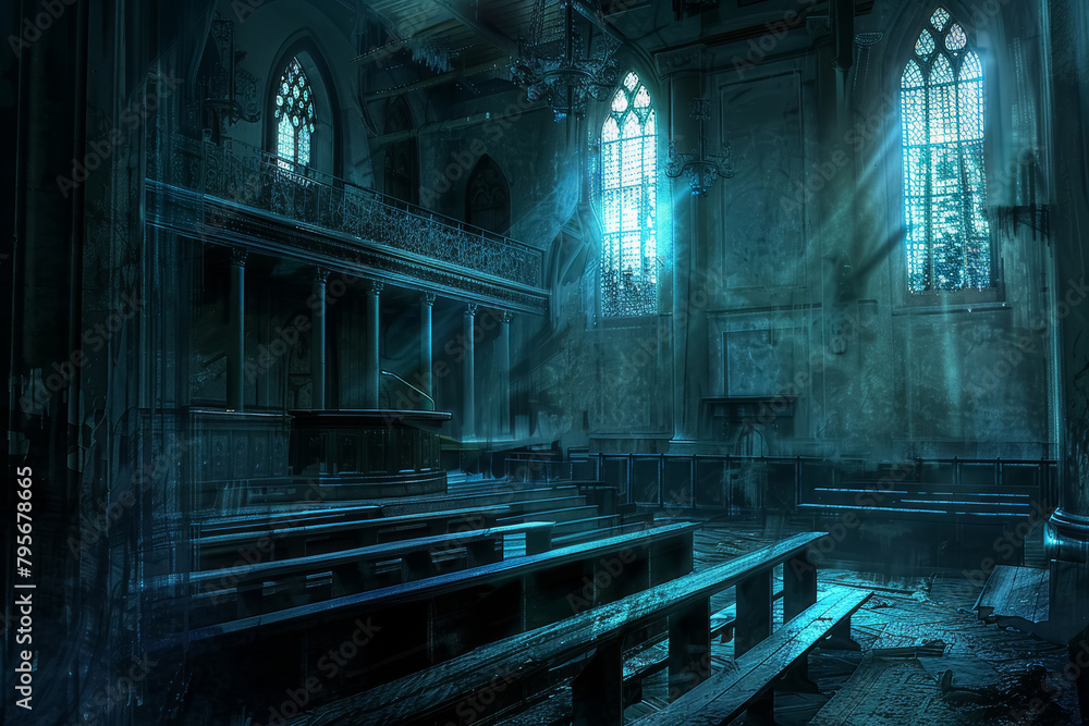 Gothic Courtroom with Dramatic Light and Shadows Gothic Courtroom with Dramatic Light and Shadows