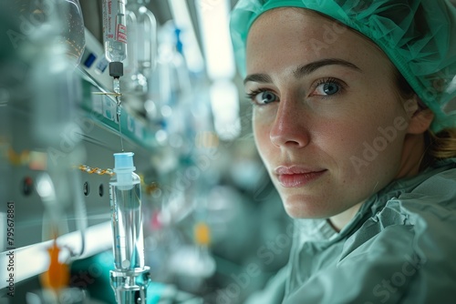 A young woman in surgical attire appears focused, with IV equipment visible and hospital setting in the background