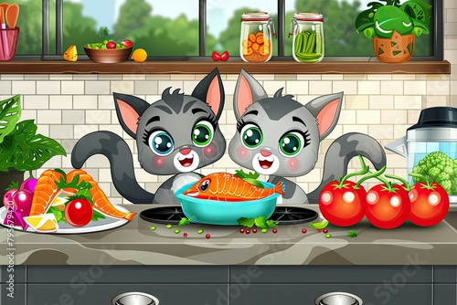 Two pretty cute cats has a dinner with fish at the kitchen table