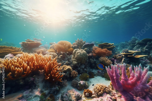 Underwater view of the coral reef. Ecosystem. Life in tropical waters