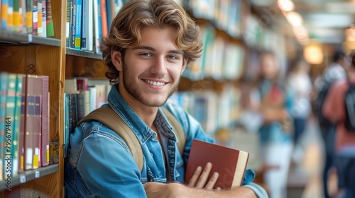 Young man smiling at a bookshelf in a retail building with a book in hand