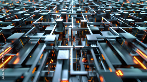 Top view of a 3D rendered maze of interconnected servers and digital nodes