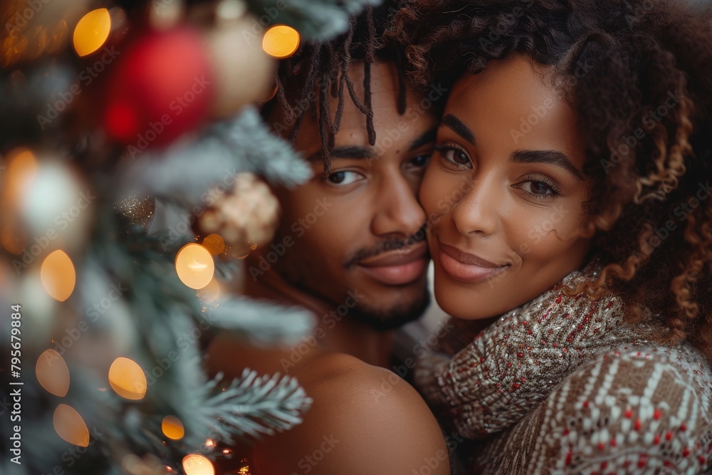 Intimate portrait of a couple against a backdrop of Christmas lights Intimate portrait of a couple against a backdrop of Christmas lights