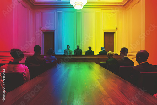 Colorful Defendants in a Monochrome Courtroom. photo