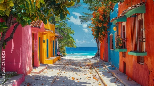 A vibrant alleyway with bright tropical houses on a pristine beach, clear blue sky, and lush greenery © Vuk