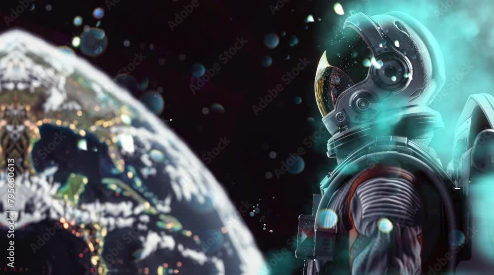 A space pilot in his spacesuit looks at Earth from behind. Planet Earth is visible against a black background in a high quality A space pilot in his spacesuit looks at Earth from behind. Planet Earth is visible against a black background in a high quality