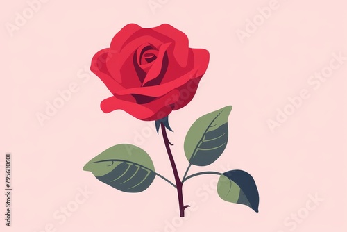 A red rose is in full bloom against a pink background. The rose has dark red velvety petals and dark green leaves with thorns on the stem. photo