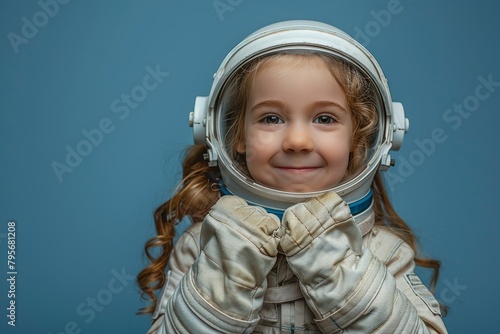 A delightful little girl with curly hair laughs within an astronaut helmet, characterizing joy and dreams photo