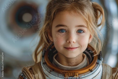 A captivating portrait of a girl with blonde hair and astronaut suit near space equipment