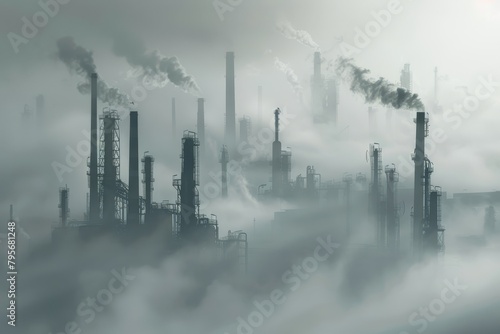 Abstract image of an oil factory shrouded in smog, with smokestacks and silhouetted structures emerging from the mist © mikeosphoto