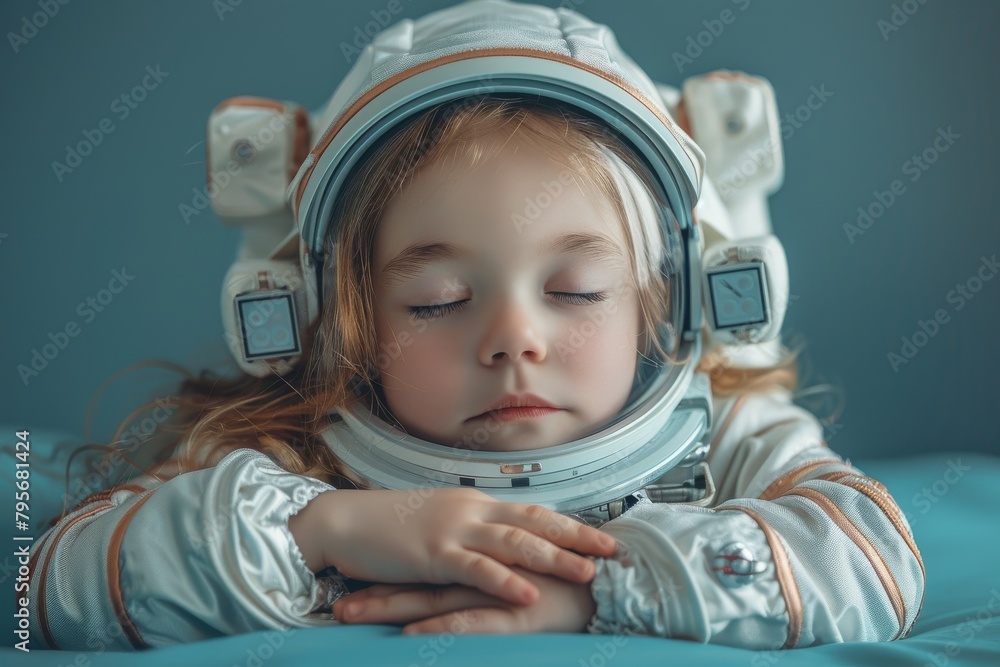 A serene young child dressed in an astronaut suit appears to be sleeping peacefully in a fantasy-themed portrait A serene young child dressed in an astronaut suit appears to be sleeping peacefully in a fantasy-themed portrait