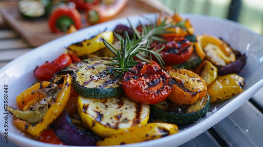 Grilled vegetables in white bowl on table Grilled vegetables in white bowl on table
